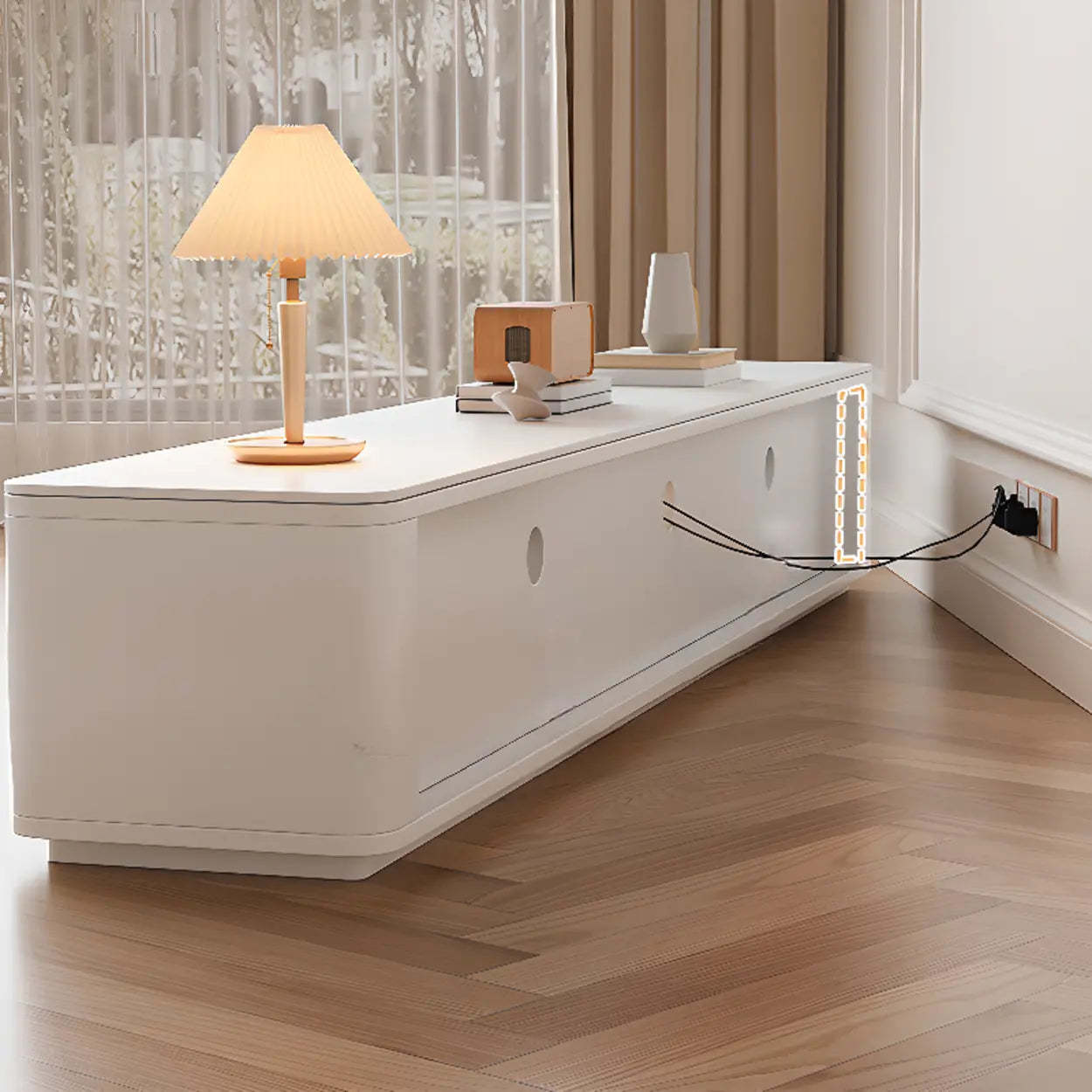 White Stone Rectangular Storage TV Stand with Lighting