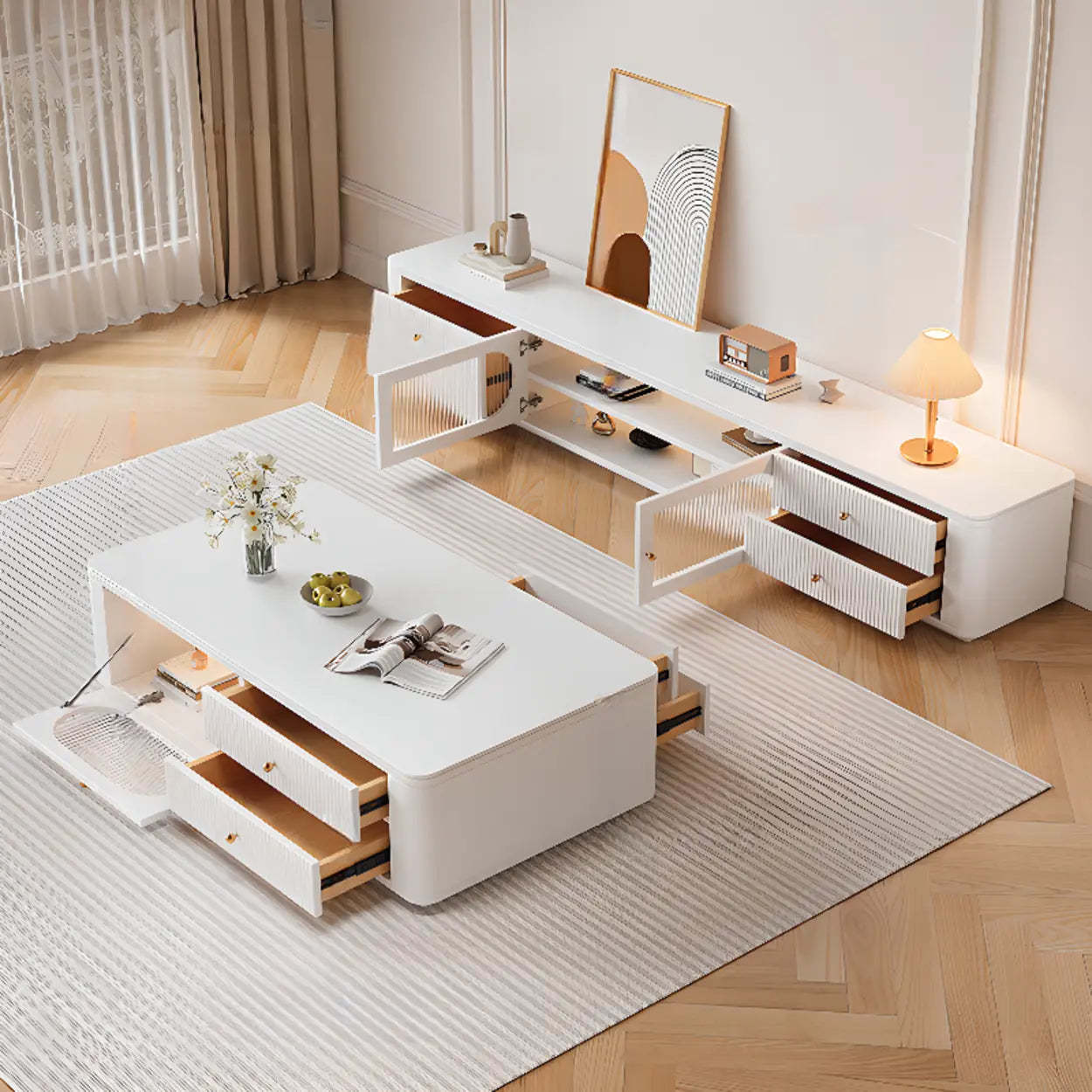 White Stone Rectangular Storage TV Stand with Lighting