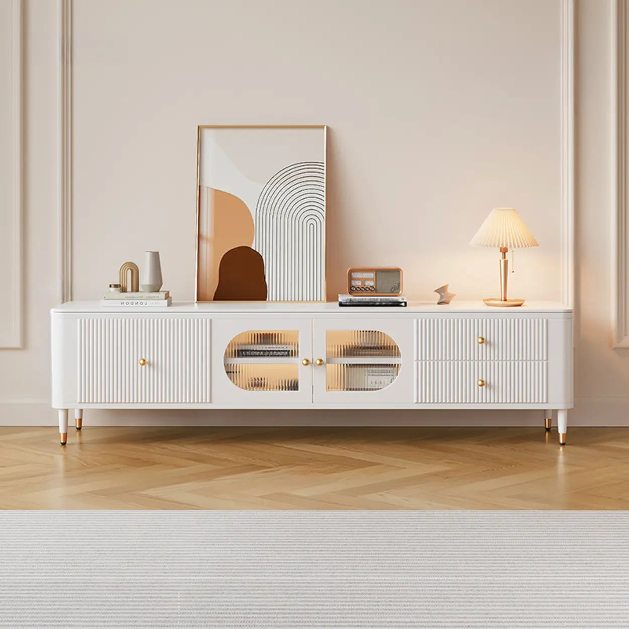 White Stone Rectangular Storage TV Stand with Lighting