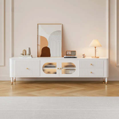 White Stone Rectangular Storage TV Stand with Lighting