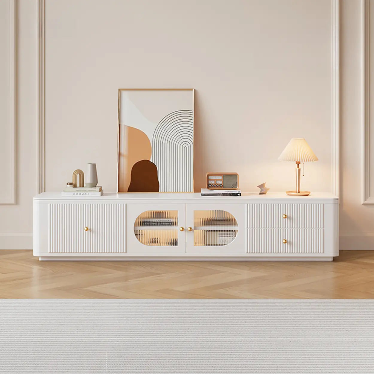 White Stone Rectangular Storage TV Stand with Lighting
