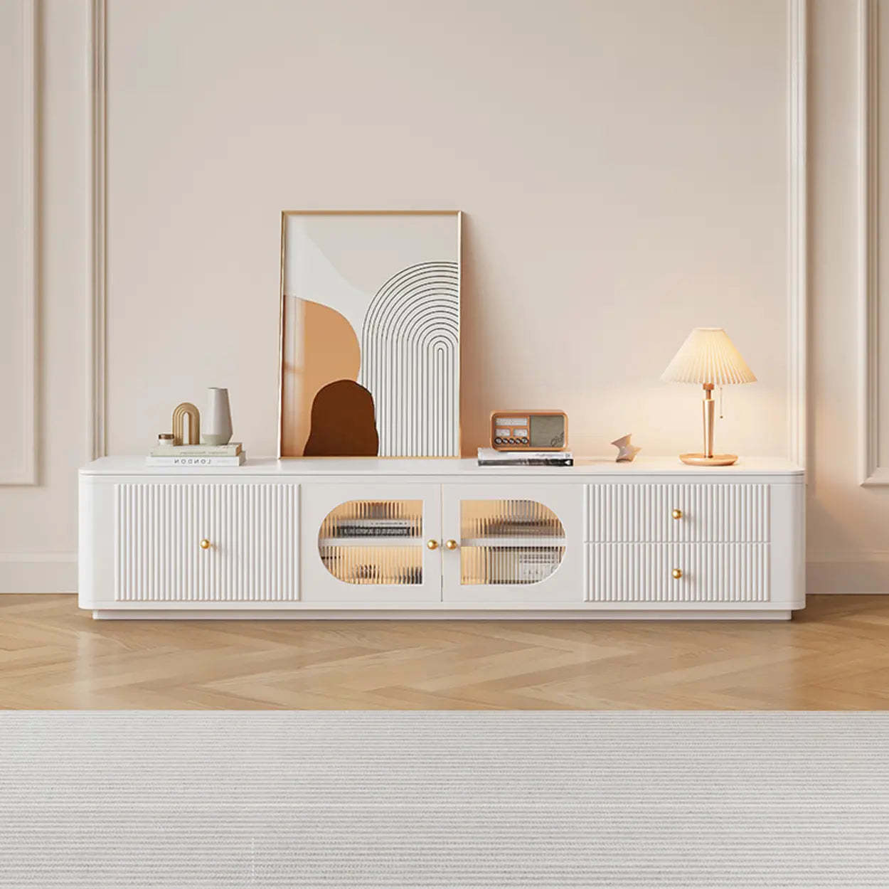 Lighom modern rectangular storage white tv stands in stone — 87" L x 14" W x 19" H