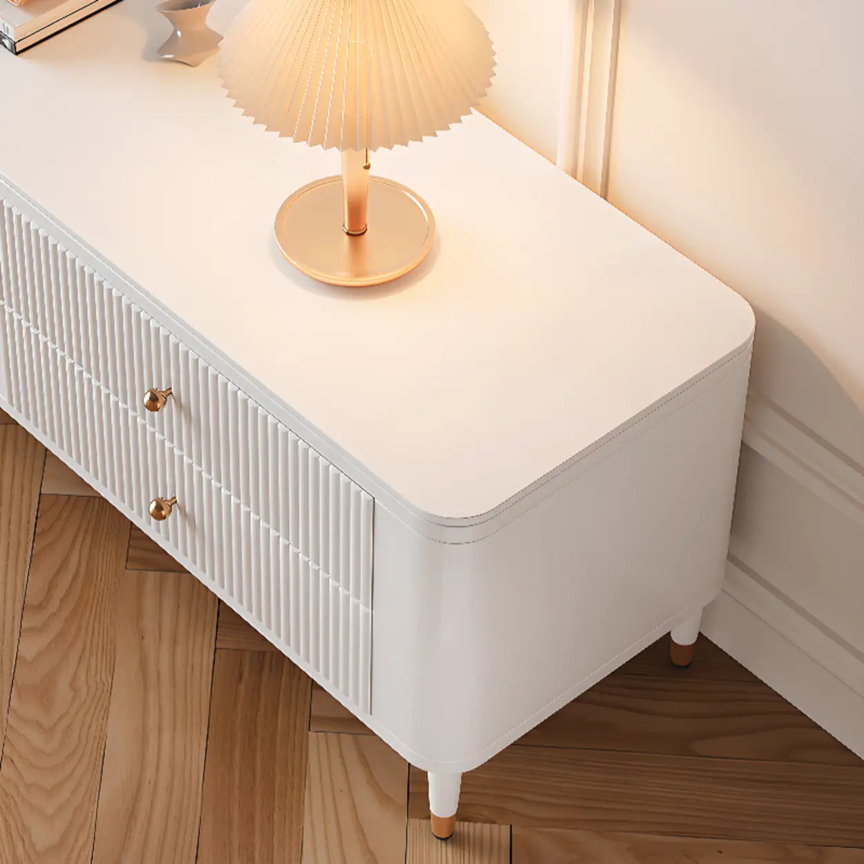 White Stone Rectangular Storage TV Stand with Lighting