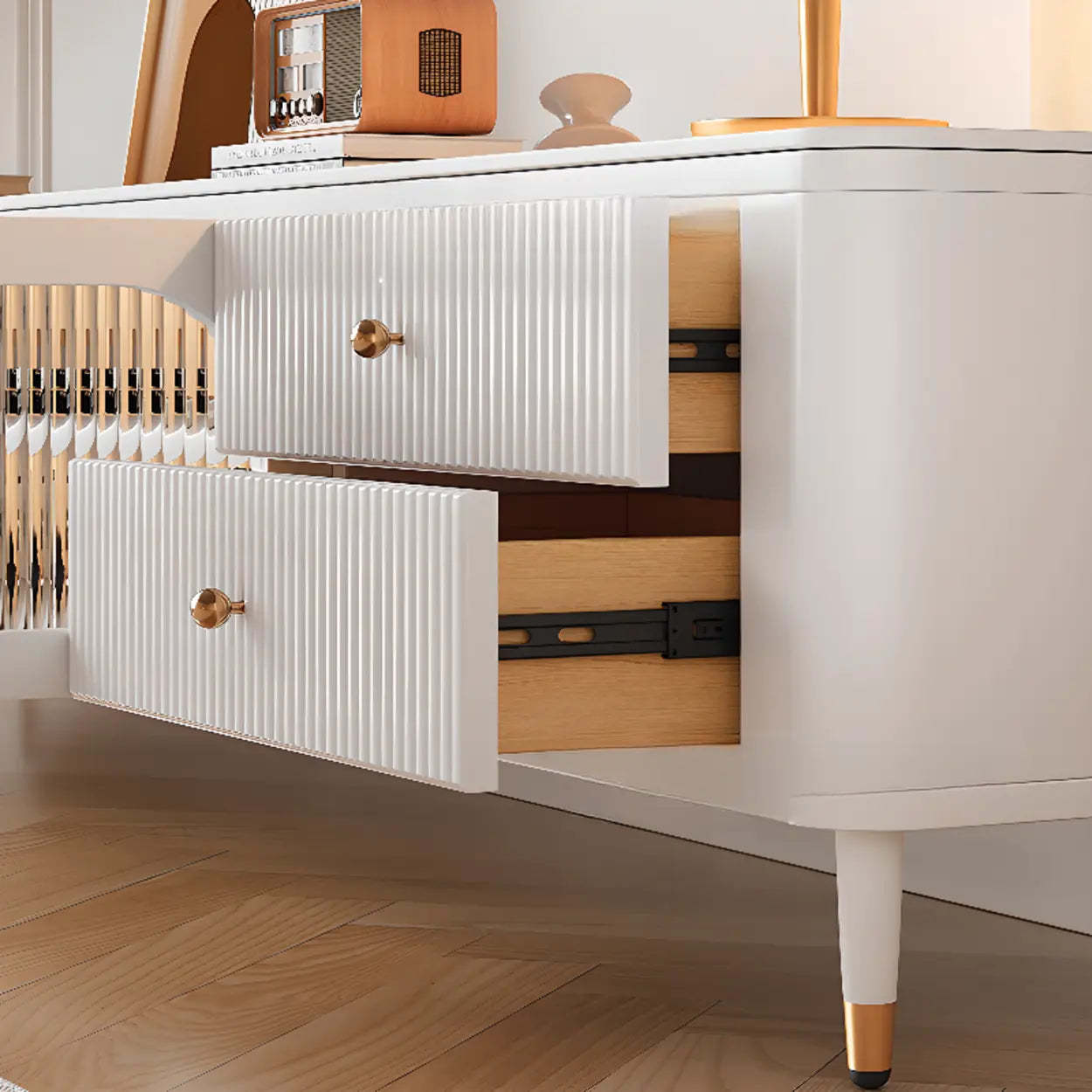White Stone Rectangular Storage TV Stand with Lighting