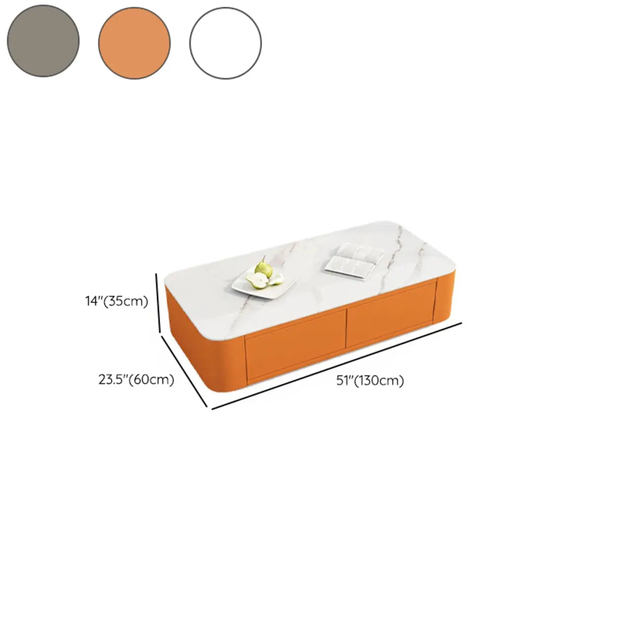 White Stone Rectangular Block-Base Coffee Table with Drawers — Orange