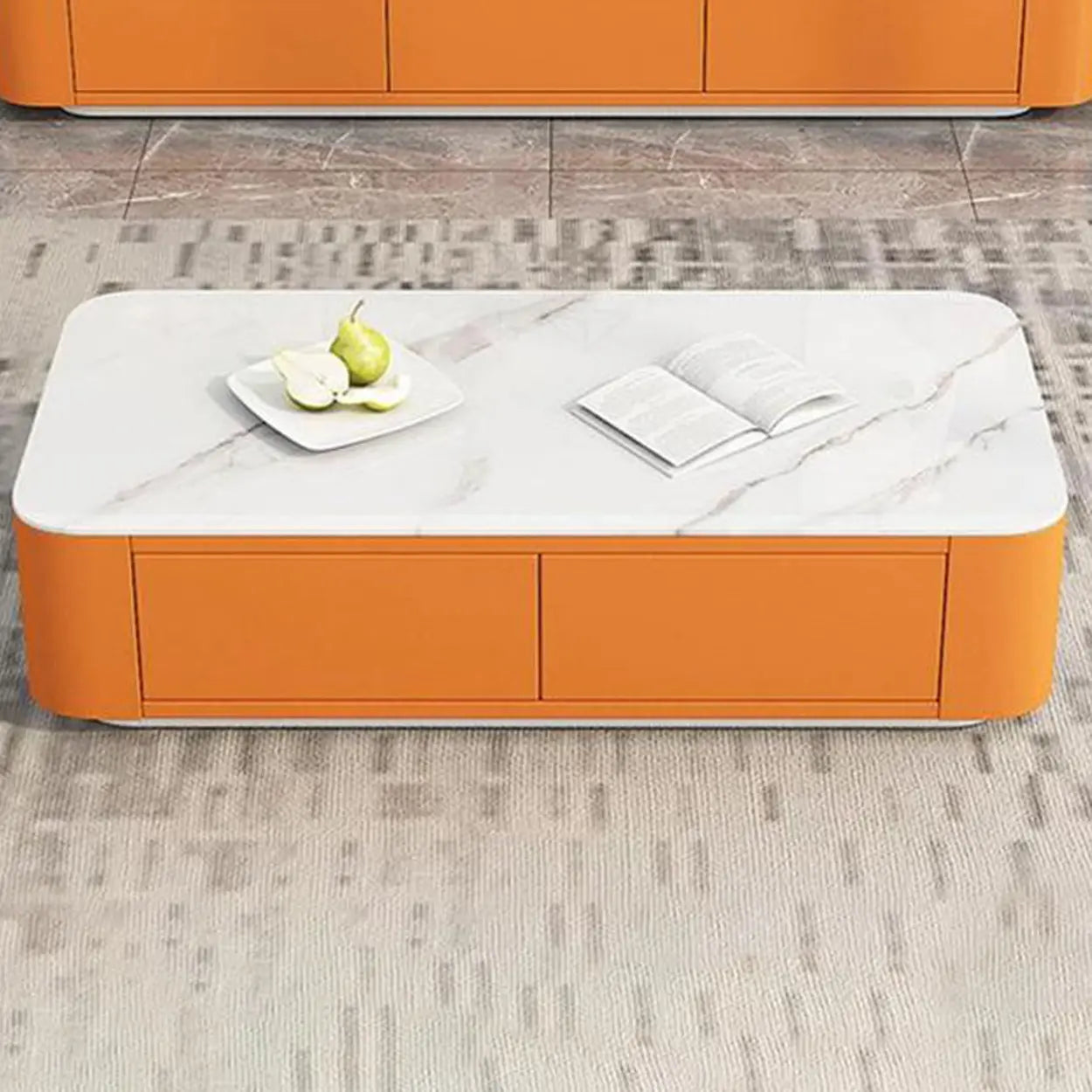 White Stone Rectangular Block-Base Coffee Table with Drawers — Orange