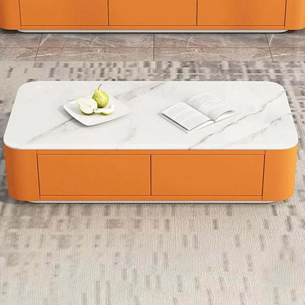 White Stone Rectangular Block-Base Coffee Table with Drawers — Orange