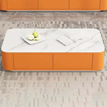 White Stone Rectangular Block-Base Coffee Table with Drawers — Orange