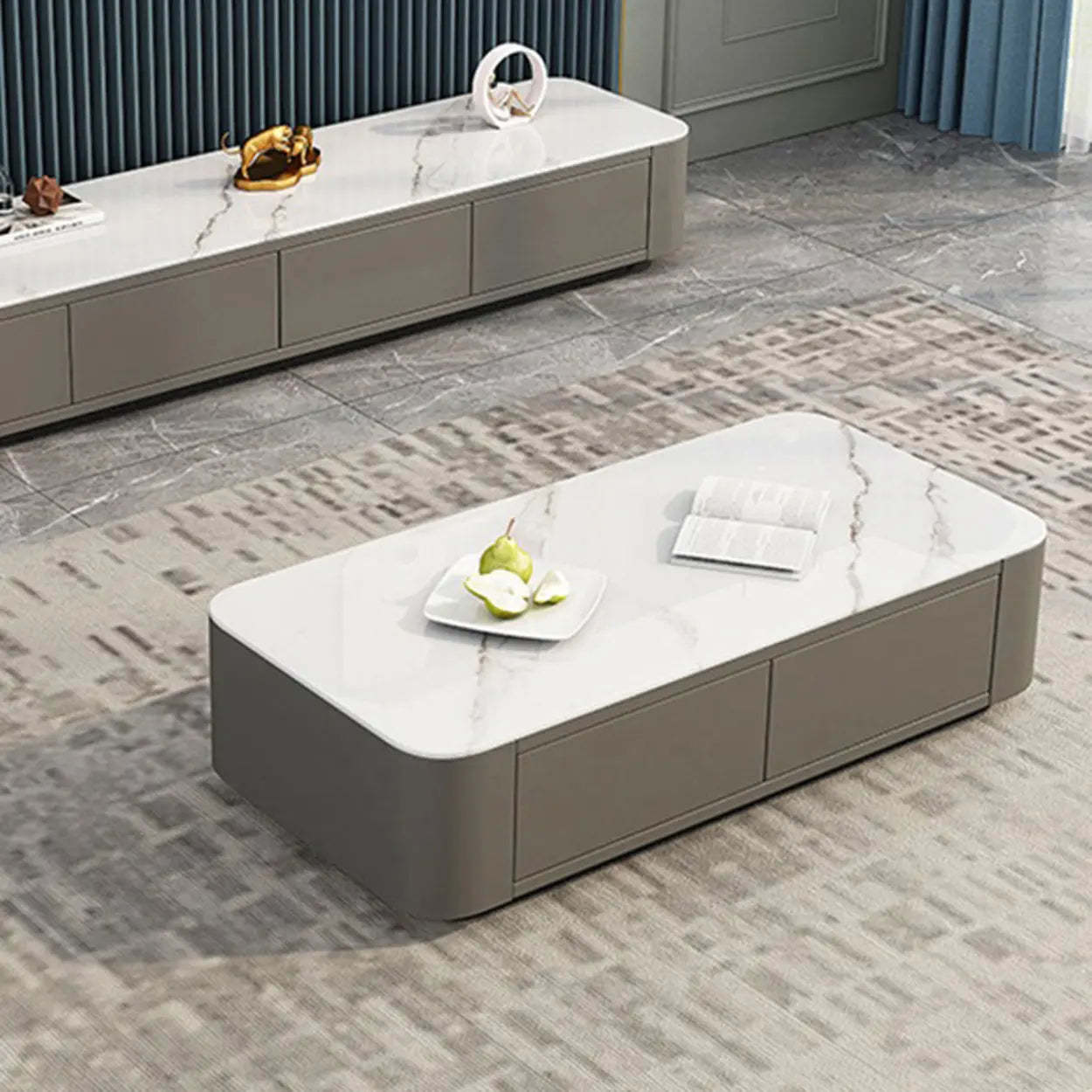 White Stone Rectangular Block-Base Coffee Table with Drawers — White
