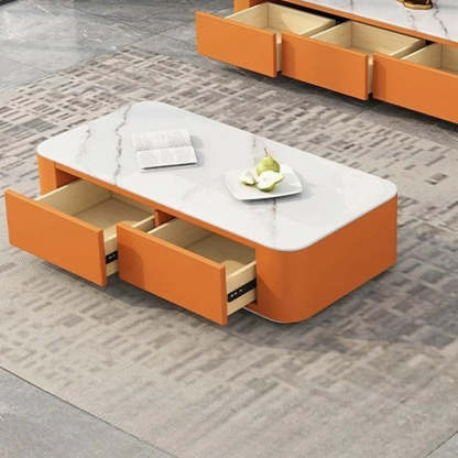 White Stone Rectangular Block-Base Coffee Table with Drawers — White