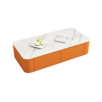 White Stone Rectangular Block-Base Coffee Table with Drawers — White