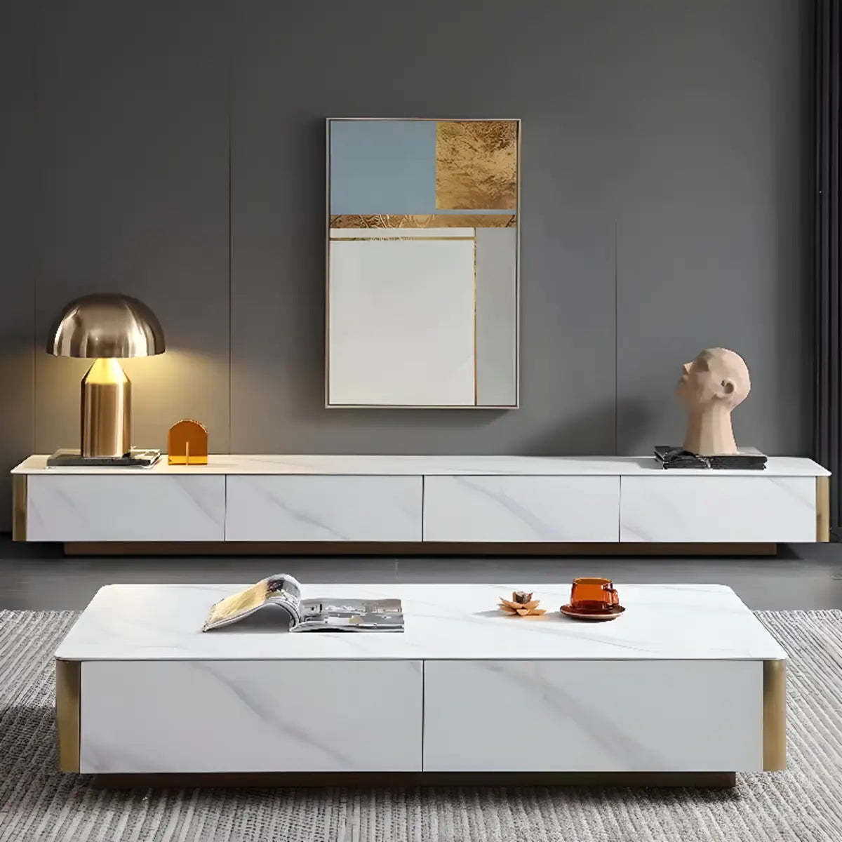 White Stone Rectangular Enclosed Storage TV Stand