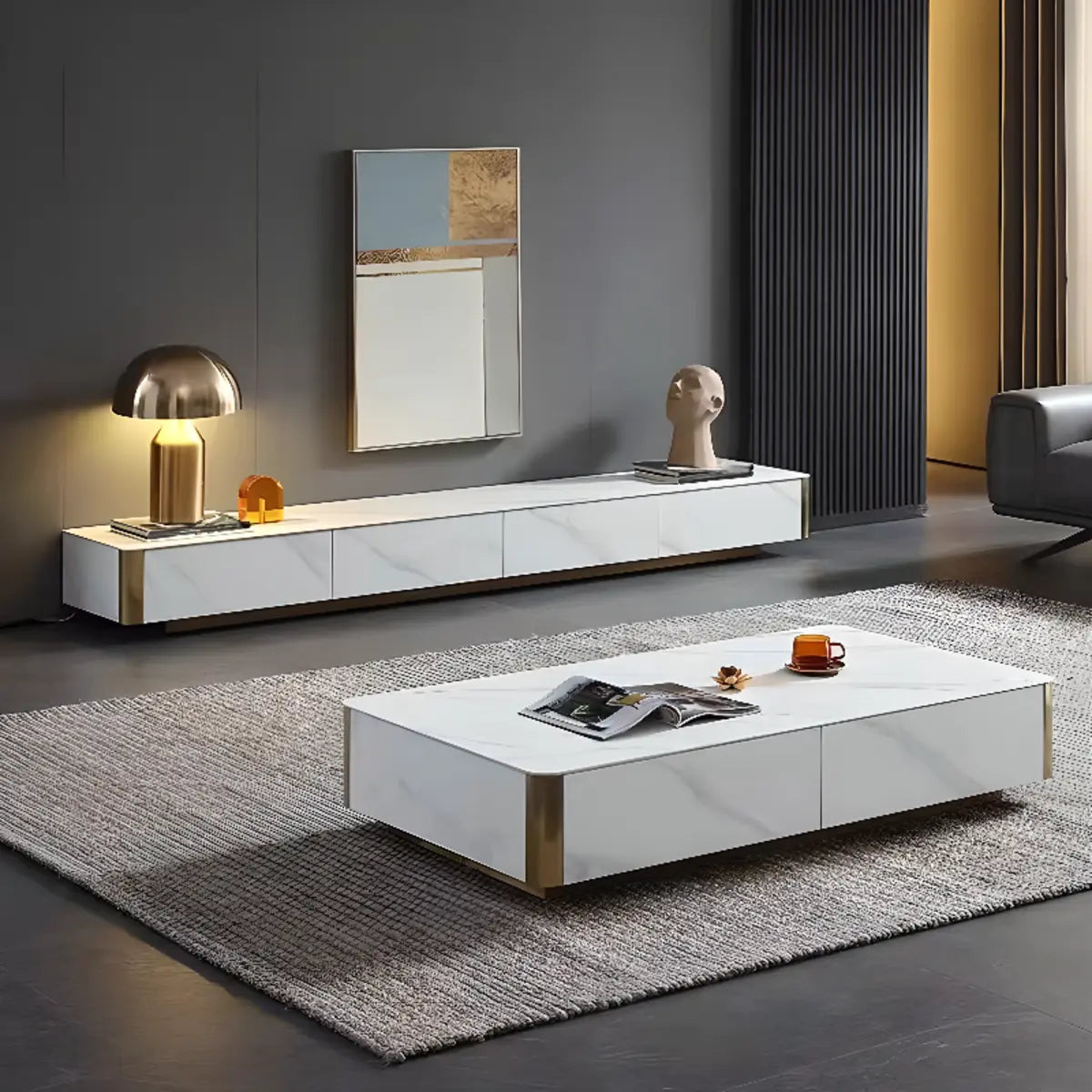White Stone Rectangular Enclosed Storage TV Stand