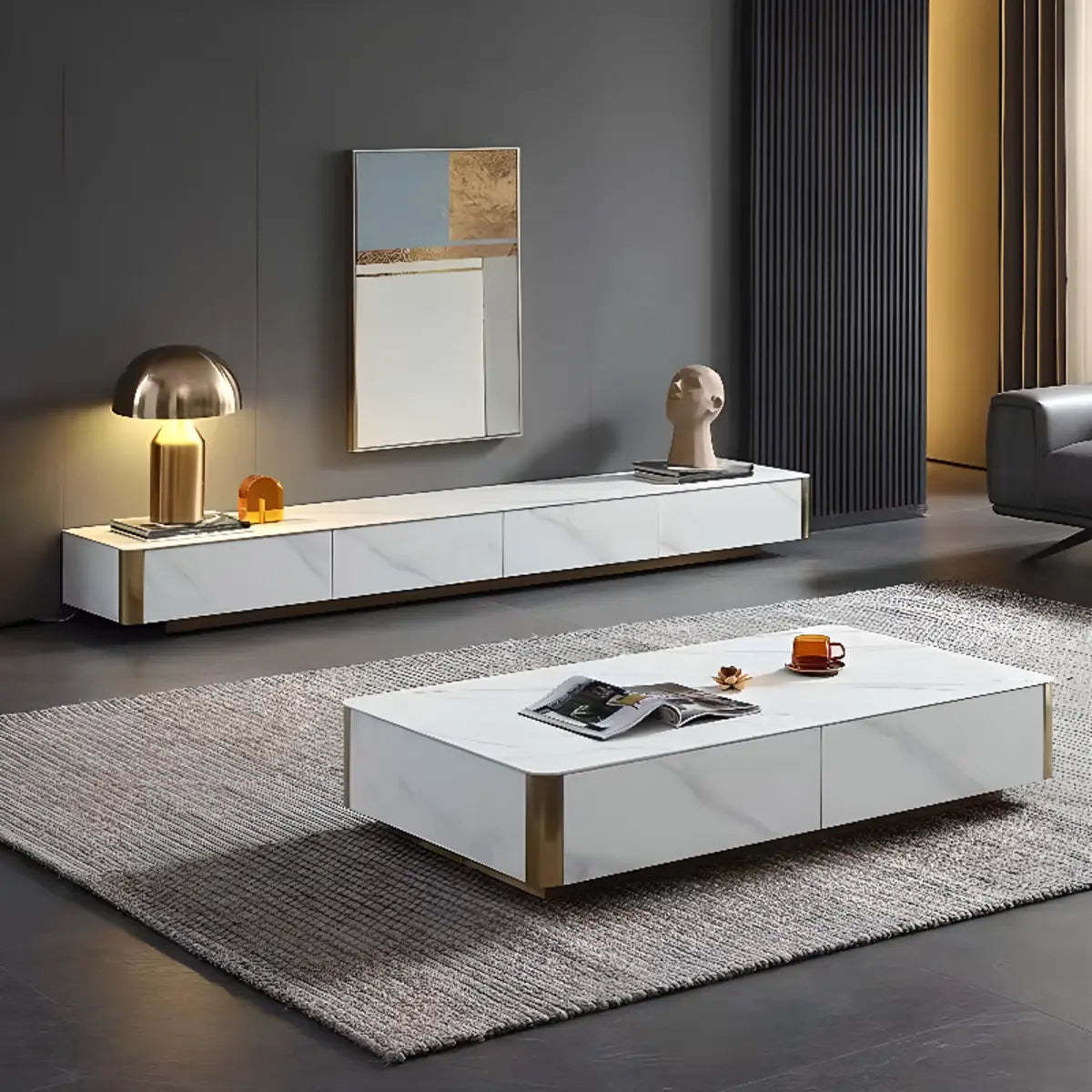 White Stone Rectangular Enclosed Storage TV Stand