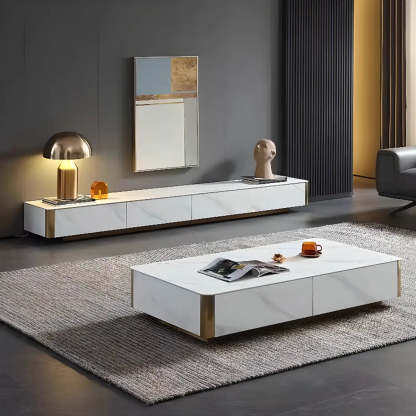 White Stone Rectangular Enclosed Storage TV Stand