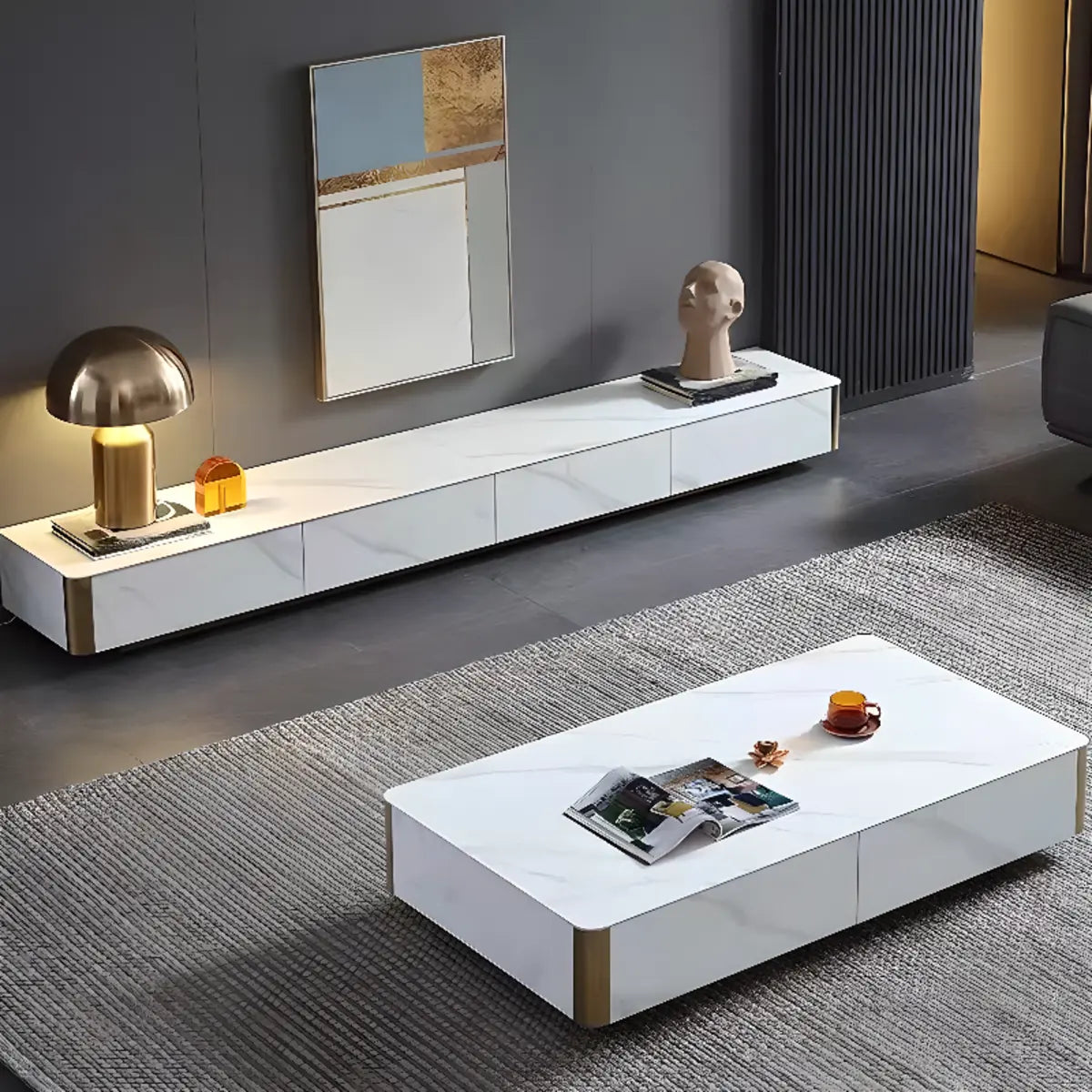 White Stone Rectangular Enclosed Storage TV Stand