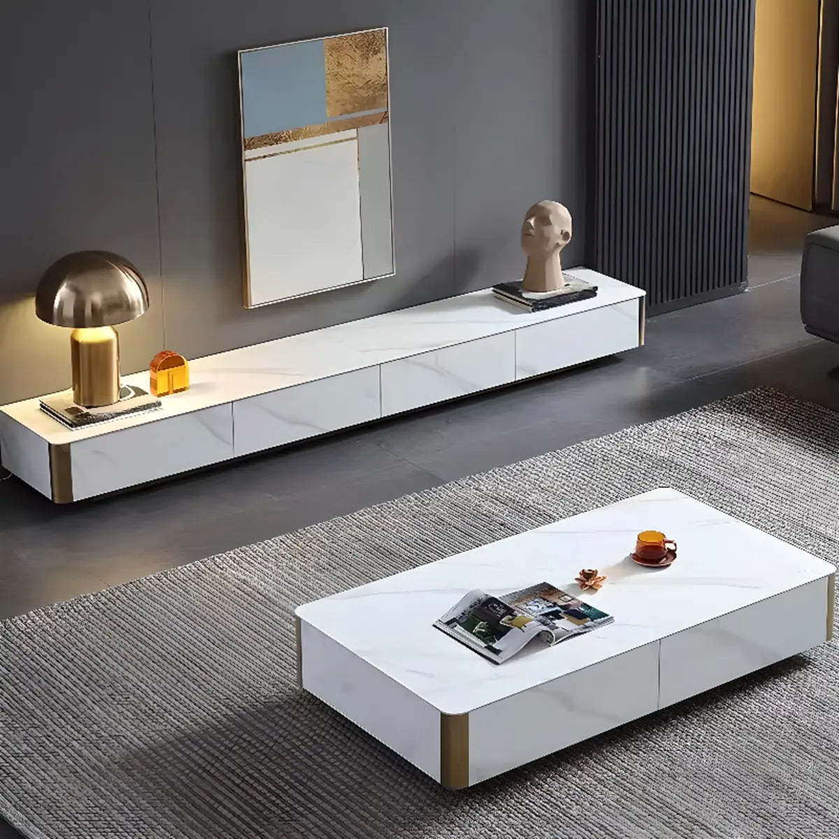 White Stone Rectangular Enclosed Storage TV Stand