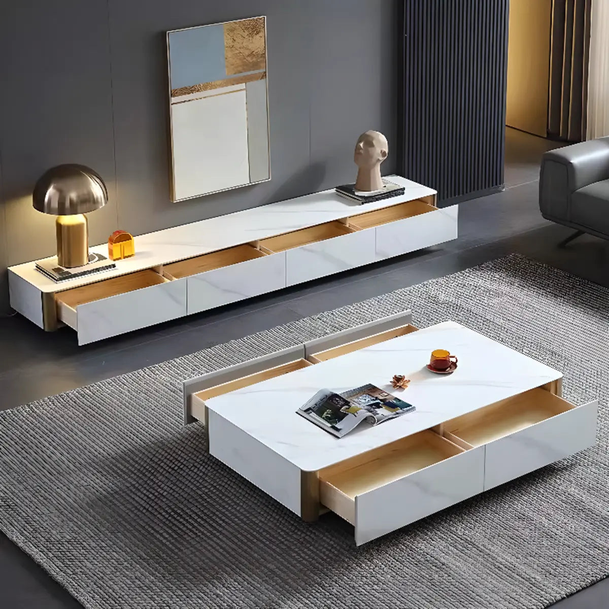 White Stone Rectangular Enclosed Storage TV Stand