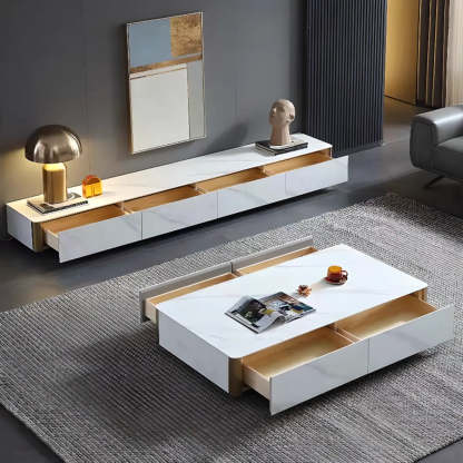 White Stone Rectangular Enclosed Storage TV Stand