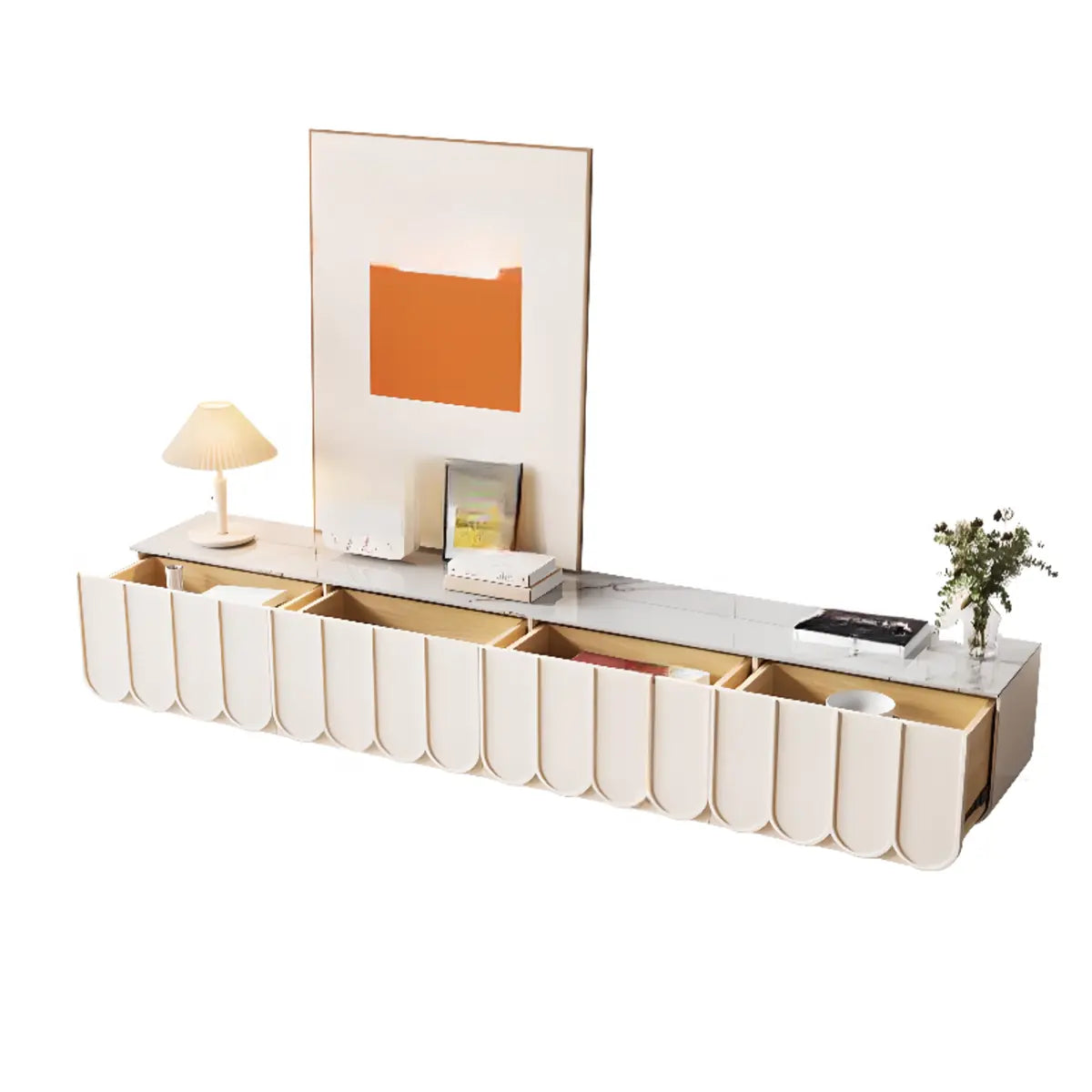 White Stone Rectangular Long TV Stand