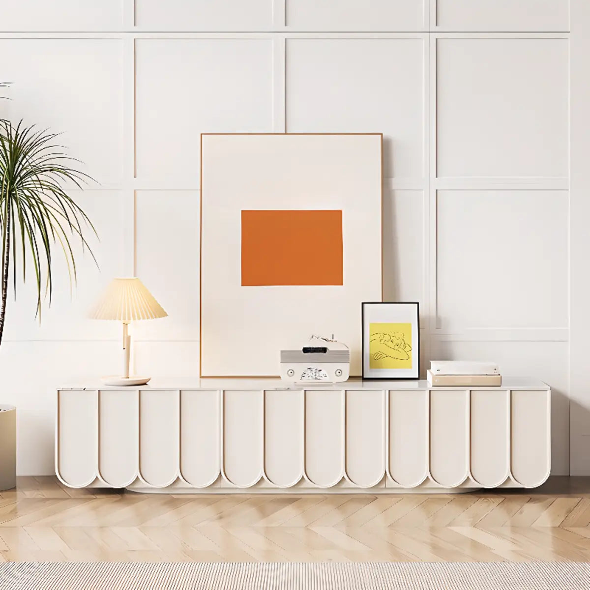White Stone Rectangular Long TV Stand