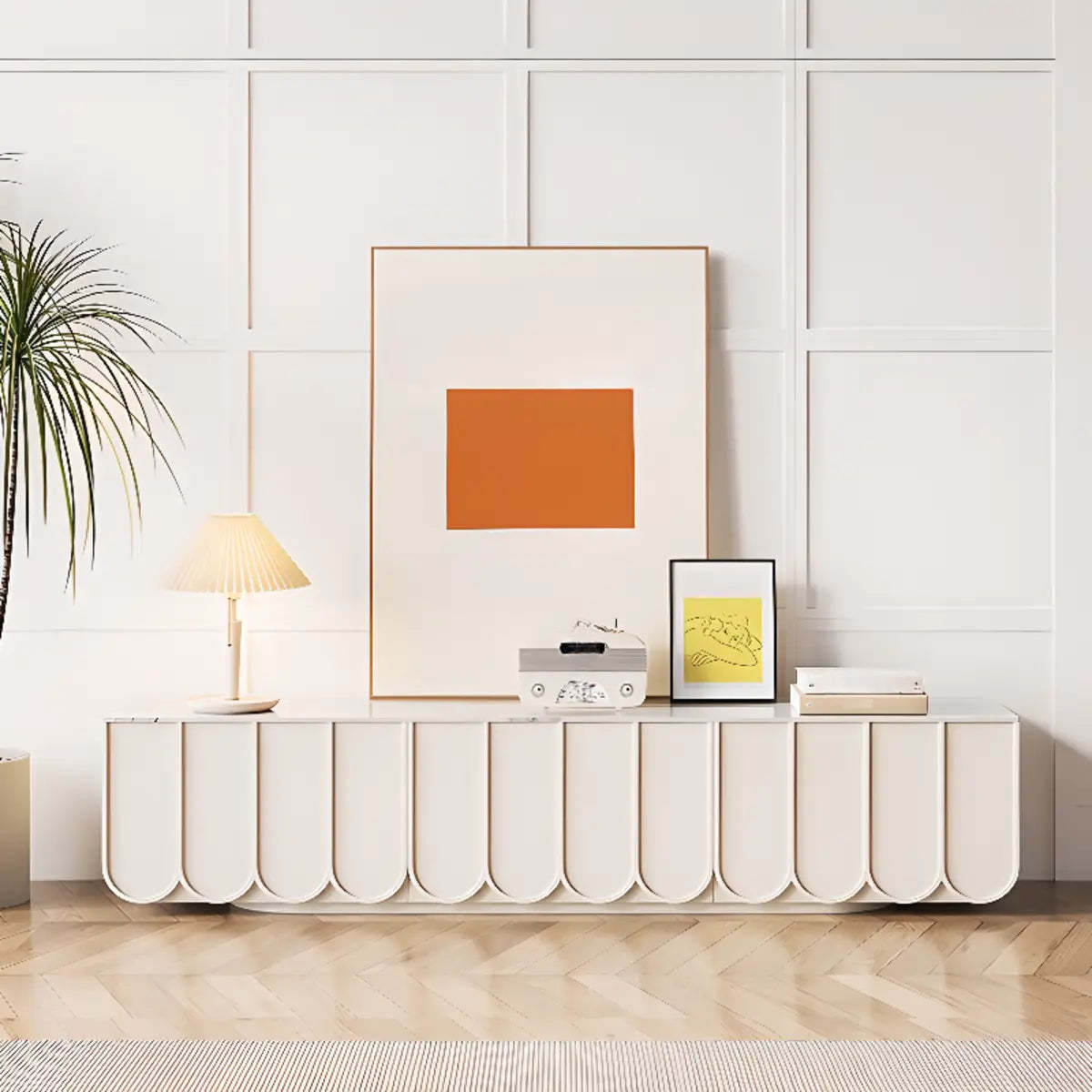 White Stone Rectangular Long TV Stand