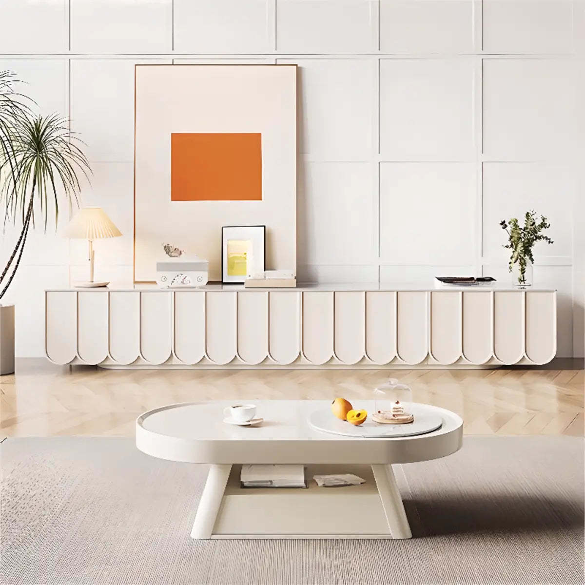 White Stone Rectangular Long TV Stand