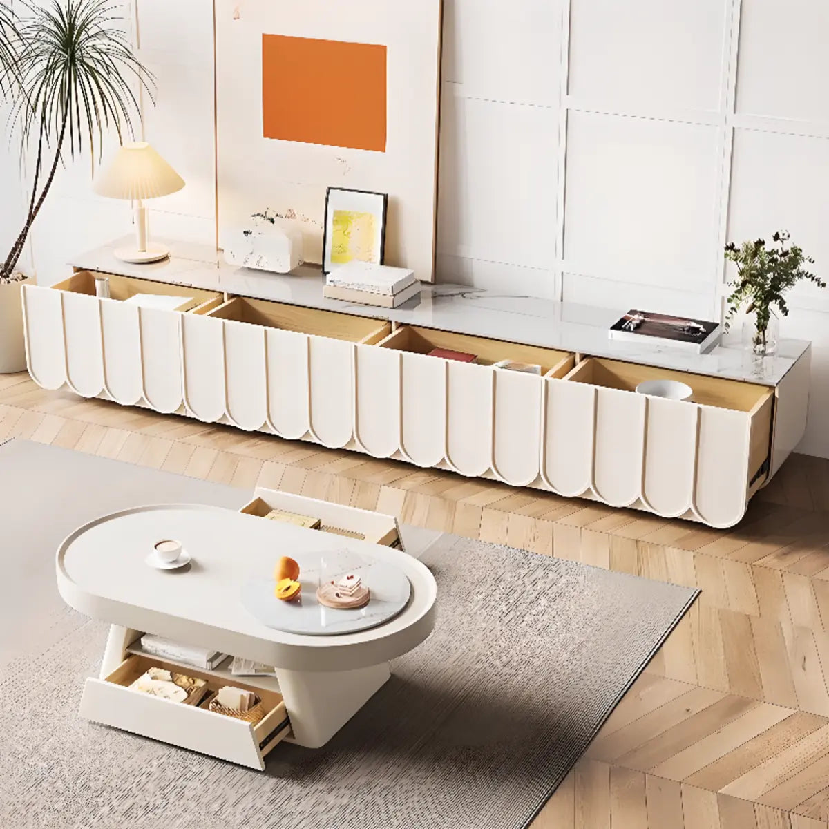 White Stone Rectangular Long TV Stand