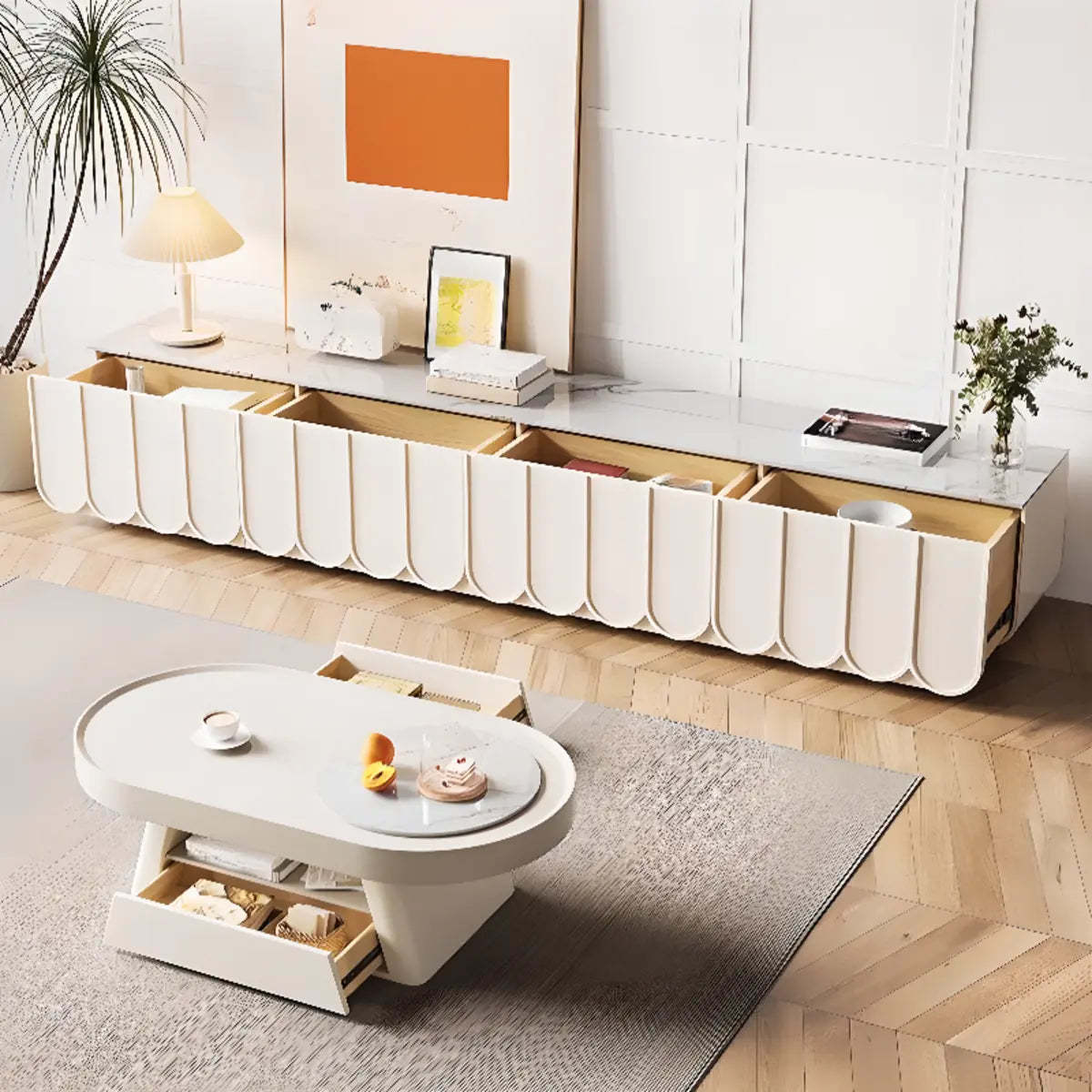 White Stone Rectangular Long TV Stand