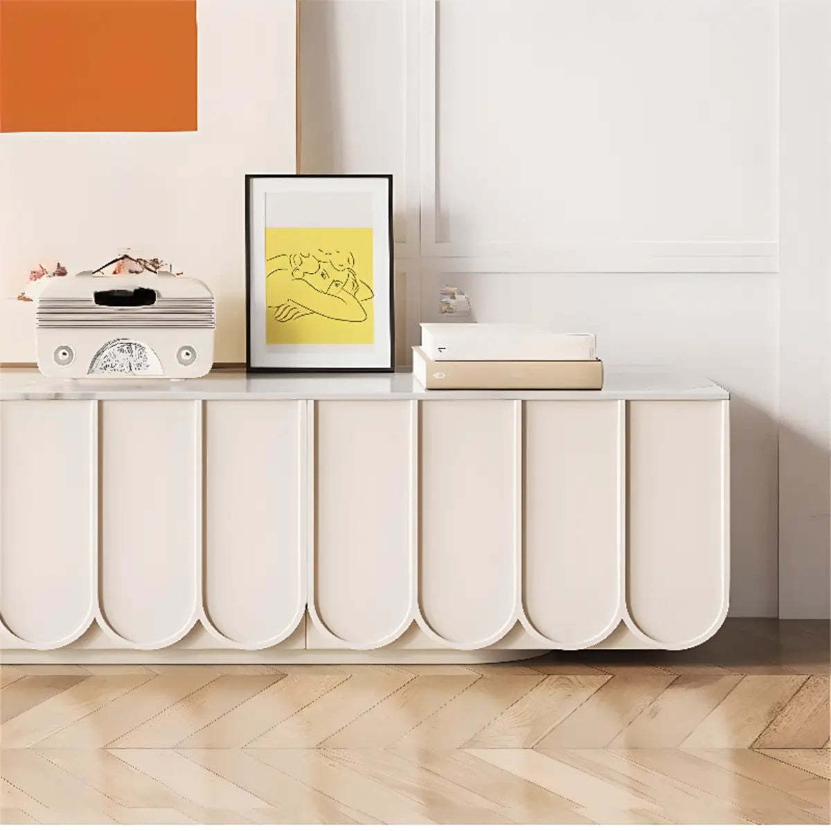 White Stone Rectangular Long TV Stand