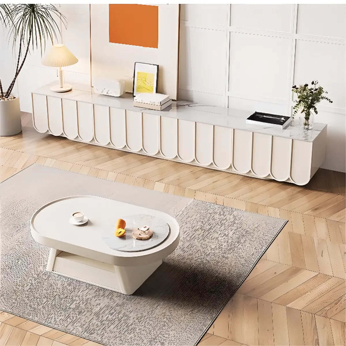 White Stone Rectangular Long TV Stand