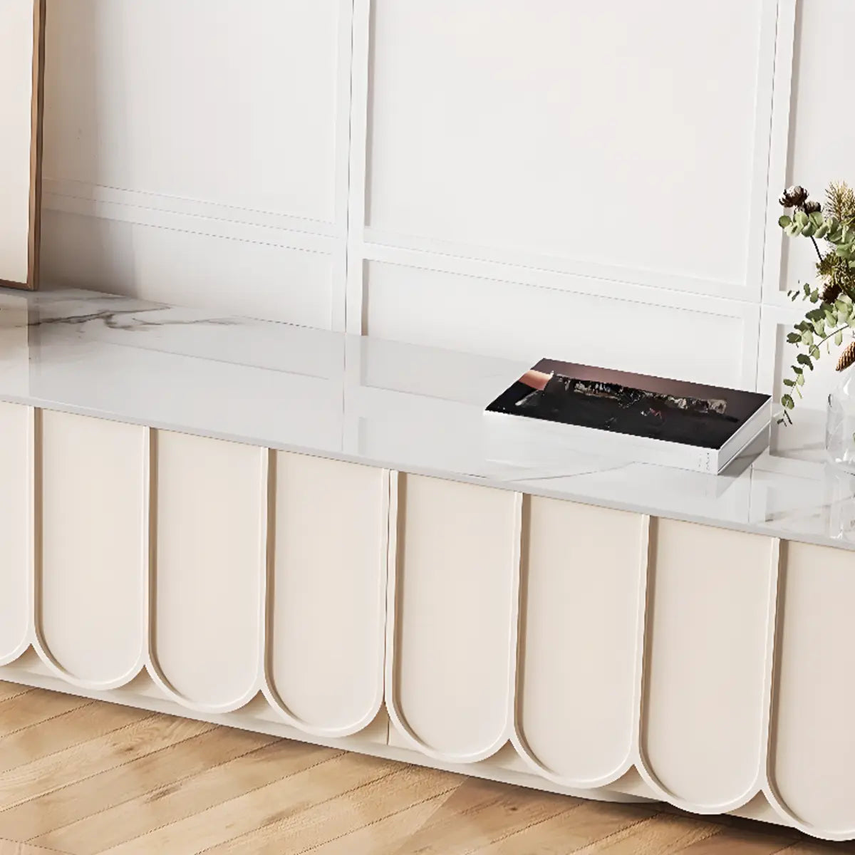 White Stone Rectangular Long TV Stand