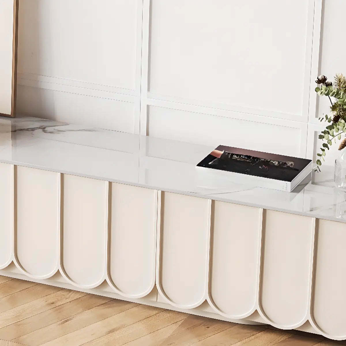 White Stone Rectangular Long TV Stand