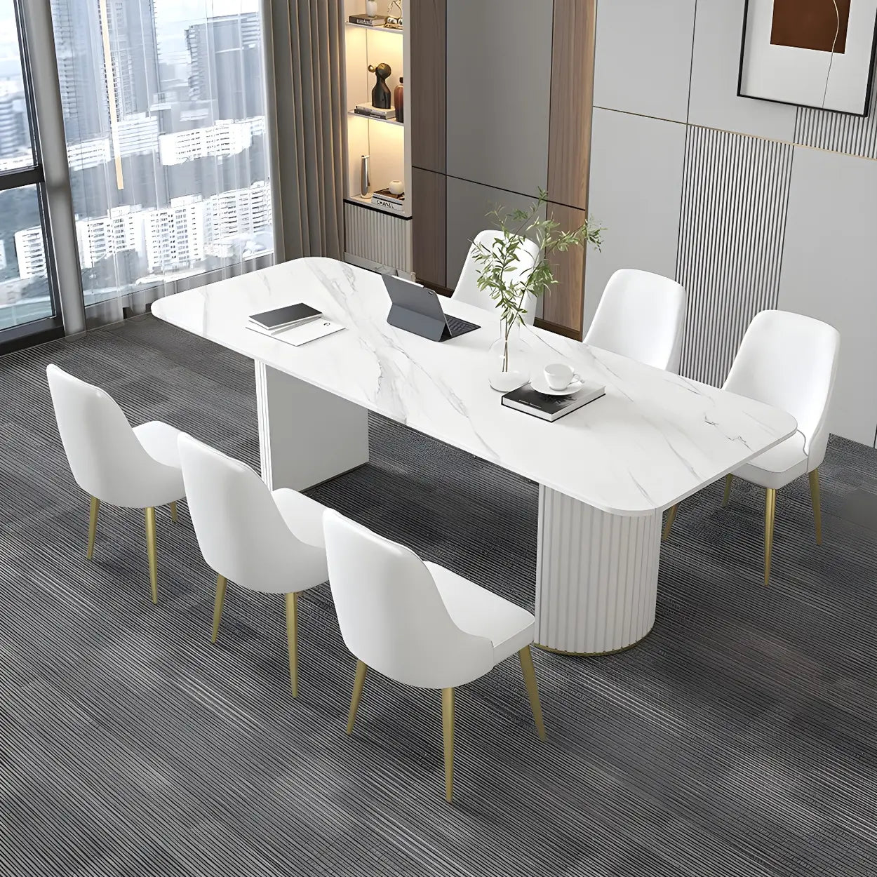 White Stone Rectangular Sled Meeting Table for 6 — Black / Table Only