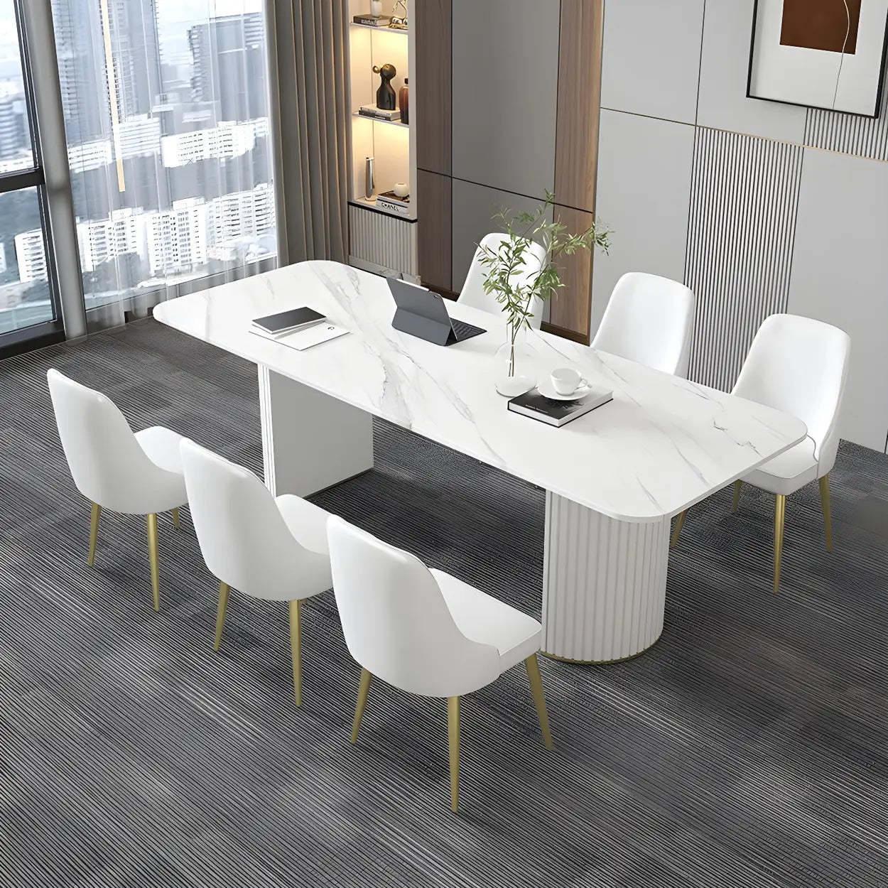 White Stone Rectangular Sled Meeting Table for 6 — Black / Table Only