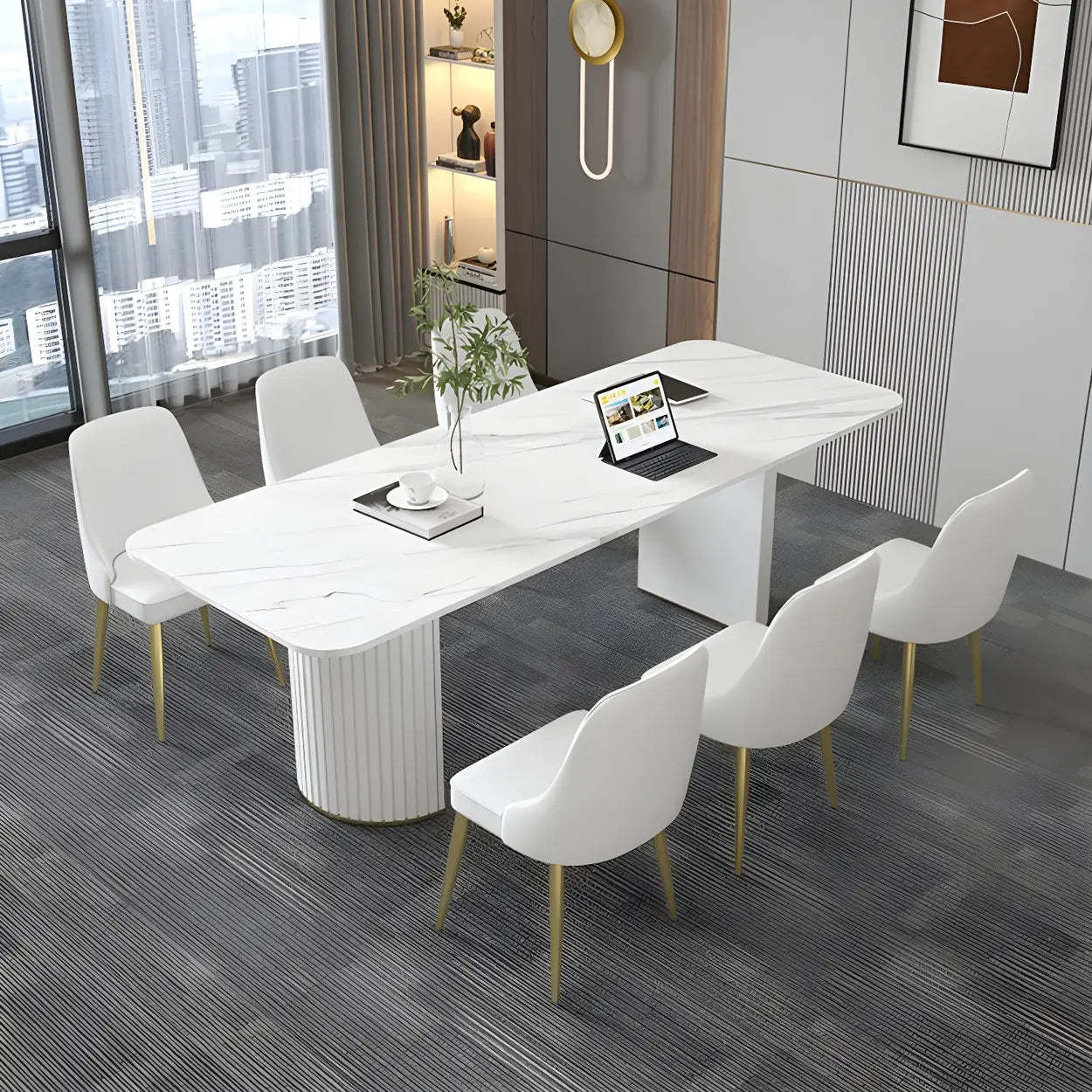 White Stone Rectangular Sled Meeting Table for 6 — Black / Table Only
