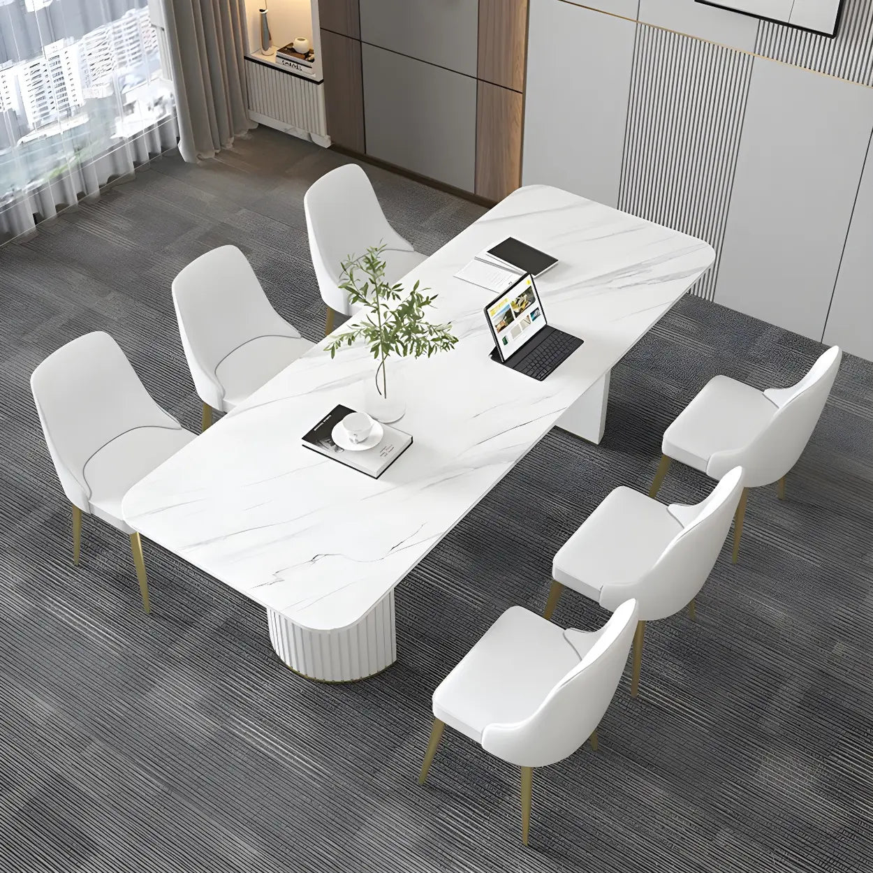 White Stone Rectangular Sled Meeting Table for 6 — White / Table Only