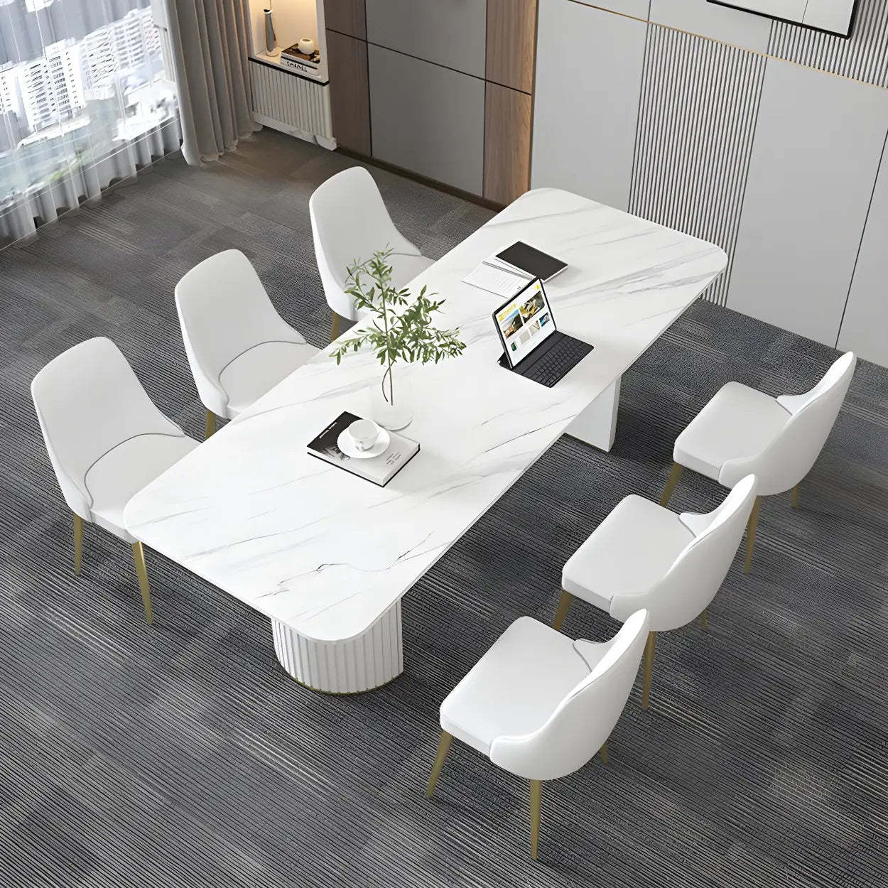 White Stone Rectangular Sled Meeting Table for 6 — White / Table Only