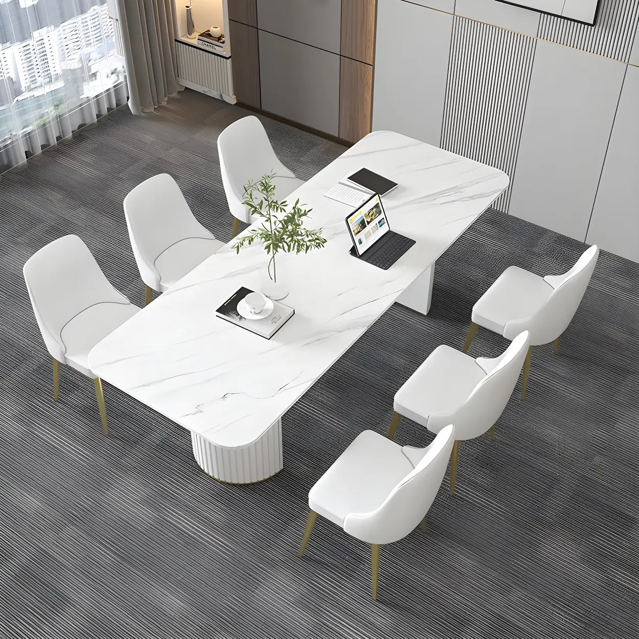 White Stone Rectangular Sled Meeting Table for 6 — White / Table Only