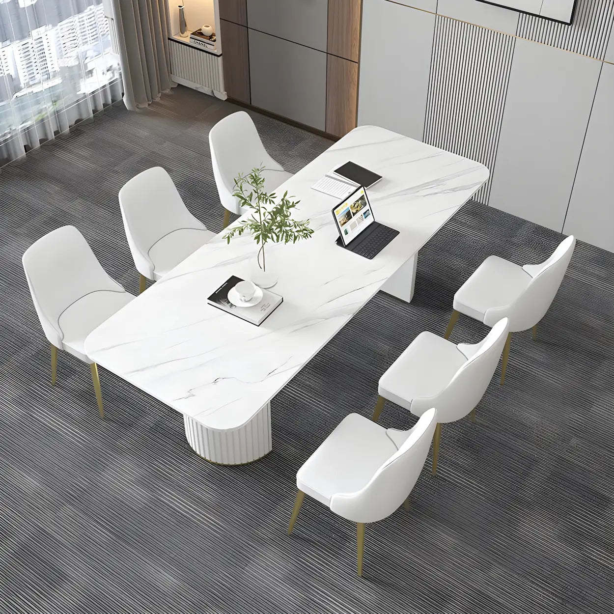 White Stone Rectangular Sled Meeting Table for 6 — White / Table Only