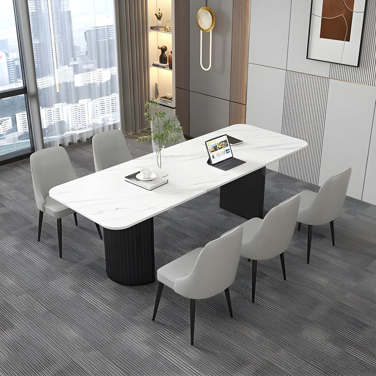 White Stone Rectangular Sled Meeting Table for 6 — Black / Table Only