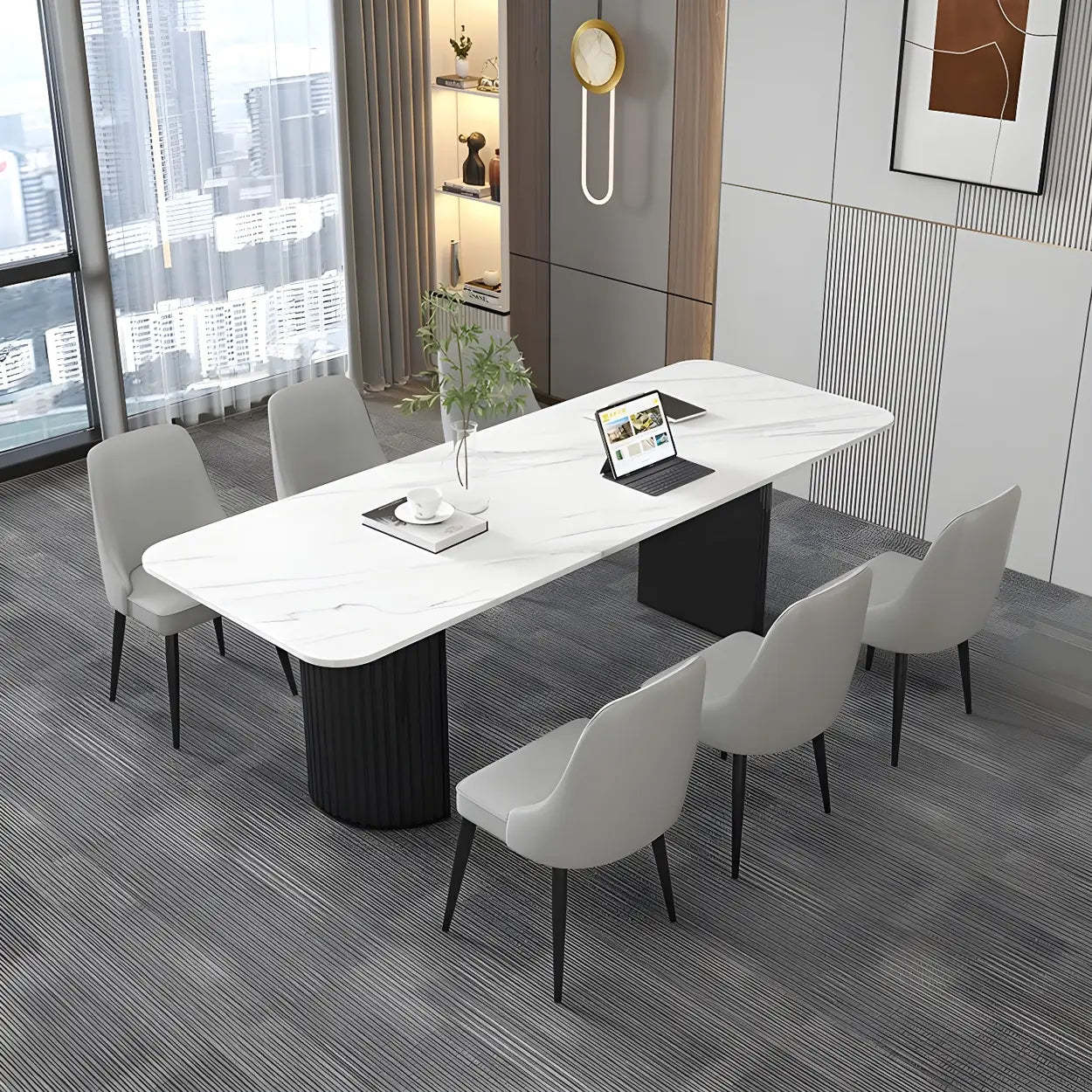 White Stone Rectangular Sled Meeting Table for 6 — Black / Table Only