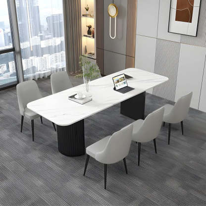 White Stone Rectangular Sled Meeting Table for 6 — Black / Table Only