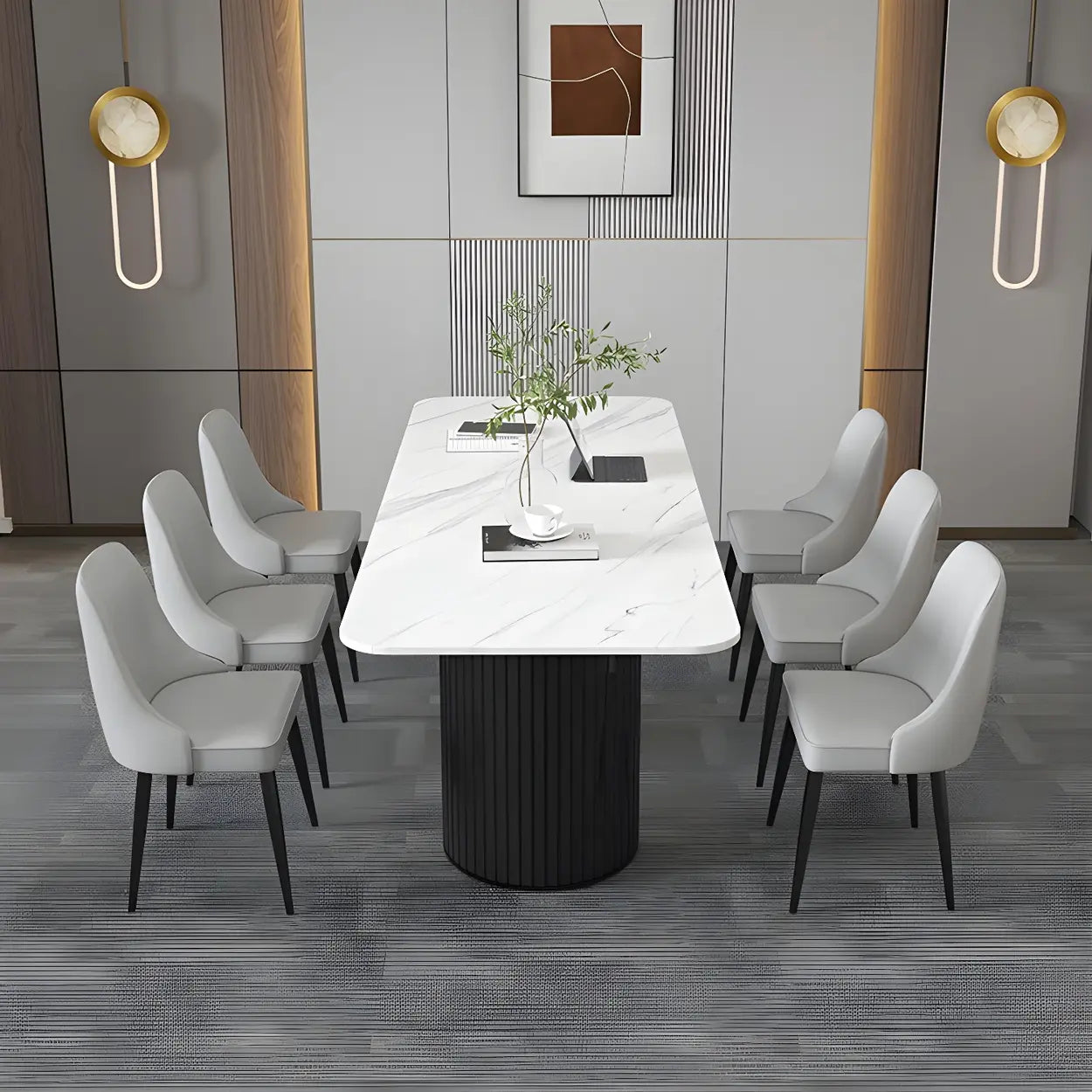White Stone Rectangular Sled Meeting Table for 6 — White / Table Only