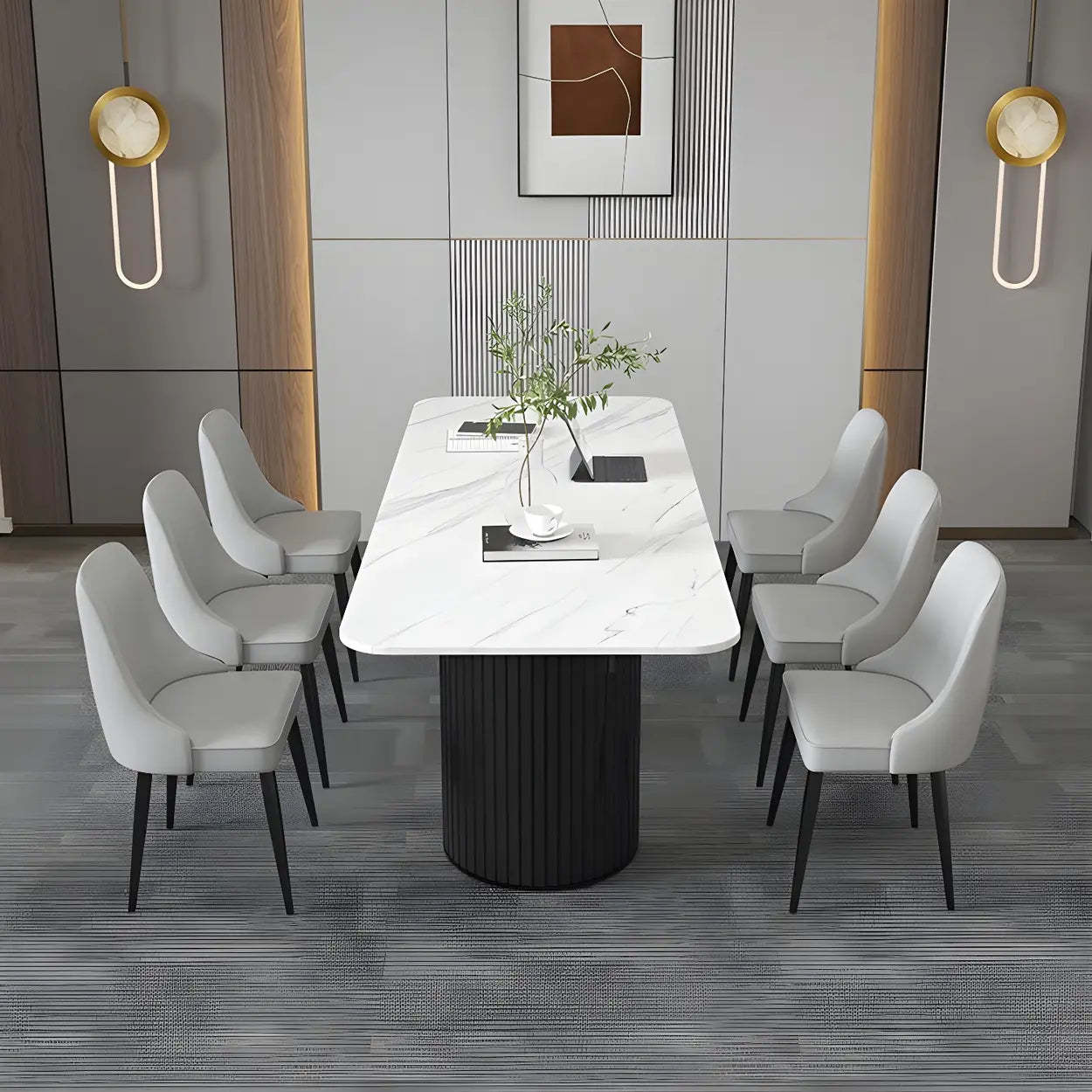 White Stone Rectangular Sled Meeting Table for 6 — White / Table Only