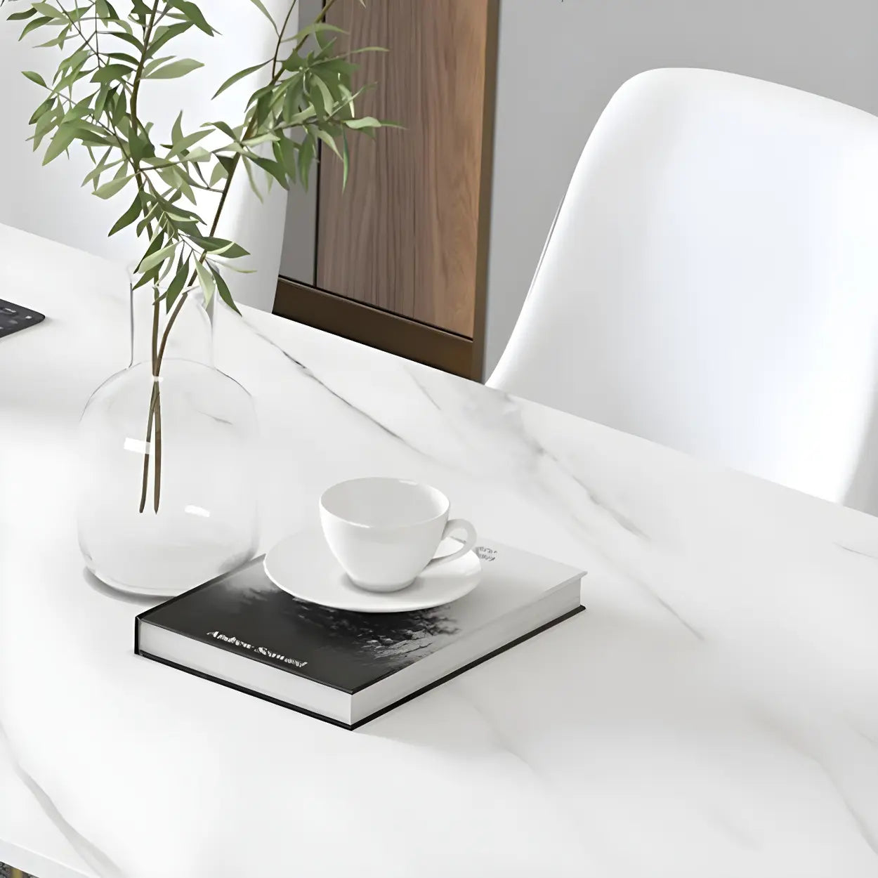 White Stone Rectangular Sled Meeting Table for 6 — White / Table Only