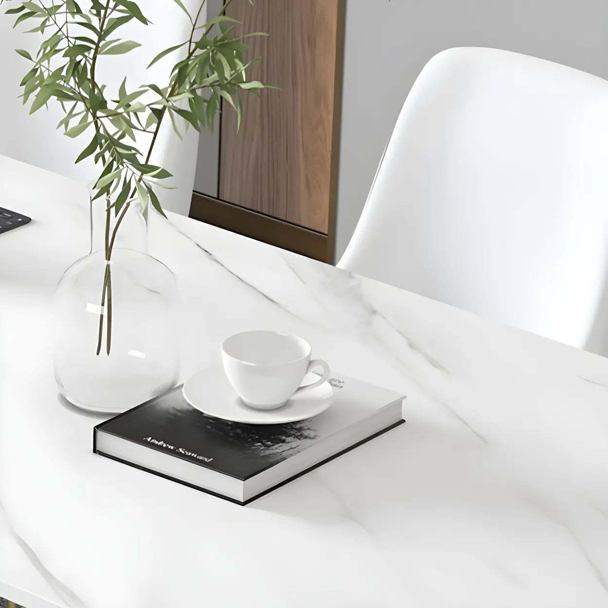 White Stone Rectangular Sled Meeting Table for 6 — White / Table Only