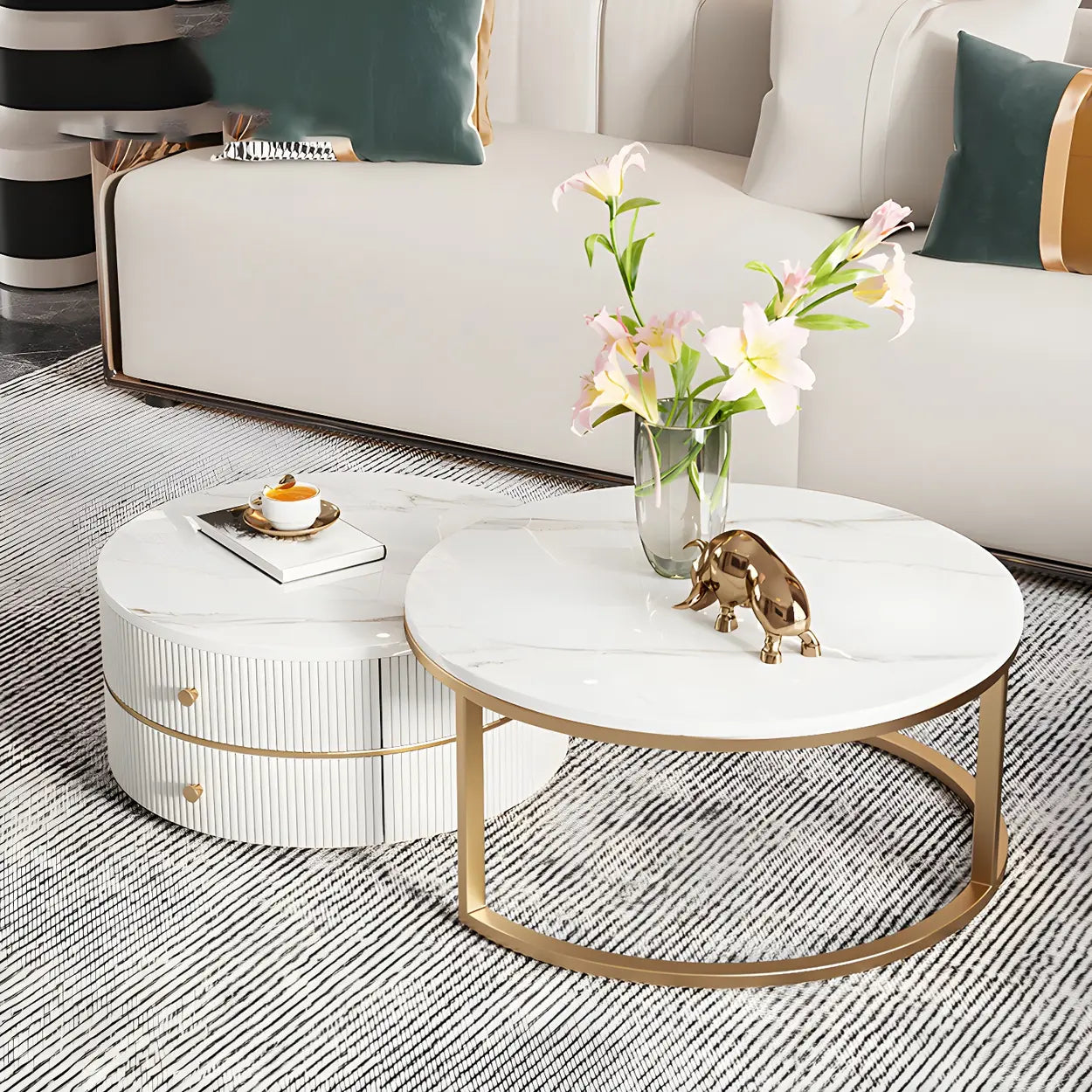 White Stone Round Coffee Table Set with Storage — White