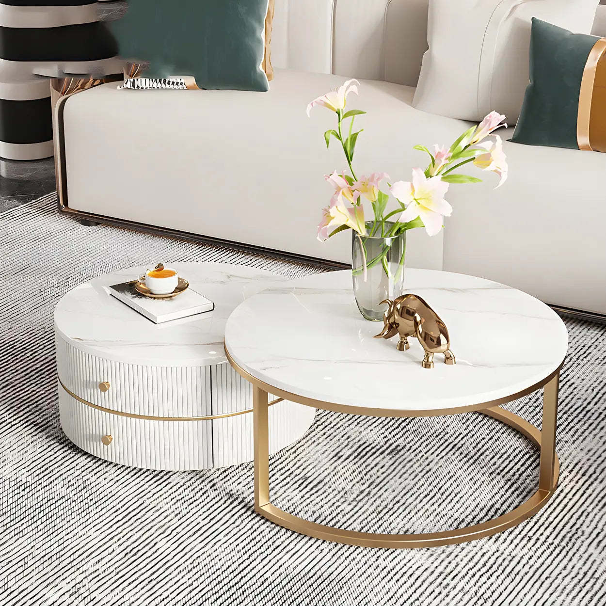 White Stone Round Coffee Table Set with Storage — White