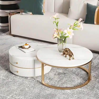White Stone Round Coffee Table Set with Storage — White